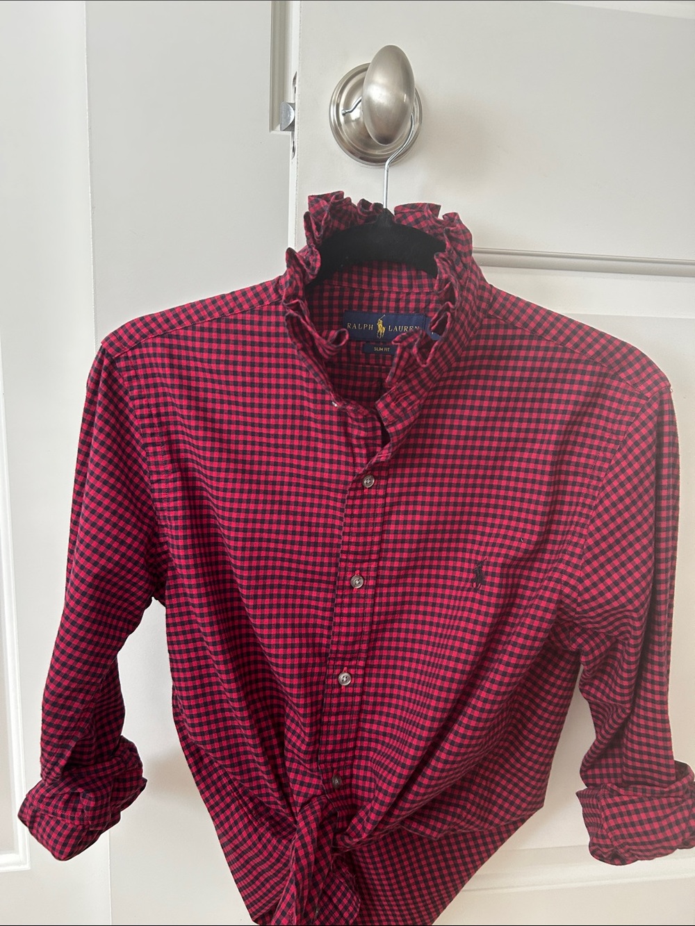 Ralph Lauren Red and Black Gingham Button-Down Shirt with ruffled collar so cute